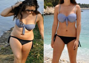 A woman shows her before and after weight loss photos.